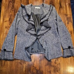 Melrose Cascade Ruffle Blazer Bell Sleeves Charcoal Grey Button Accent Size 10